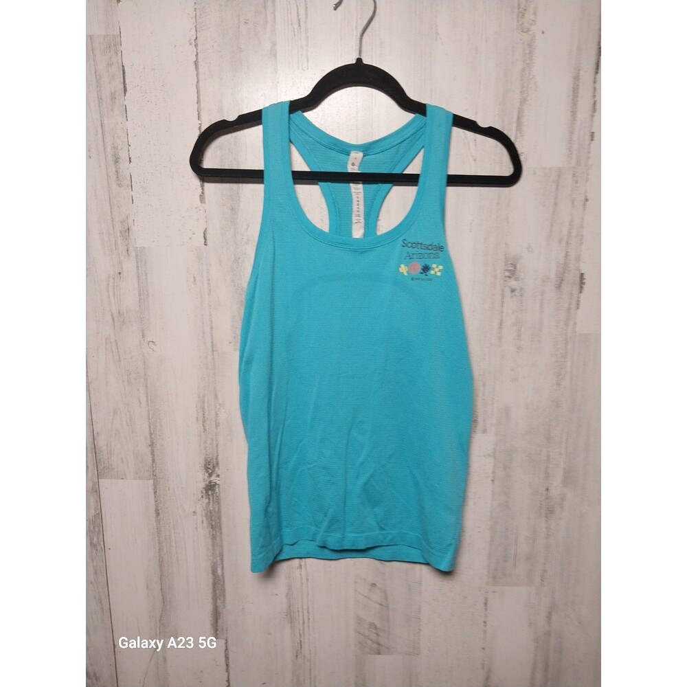 Lululemon Womens Running Tank Top Size 6 Blue Metal Vent Tech Activewear Embroid